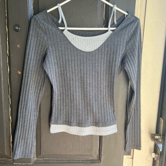 Tops - Gray Ribbed Layered-Look Long Sleeve Top